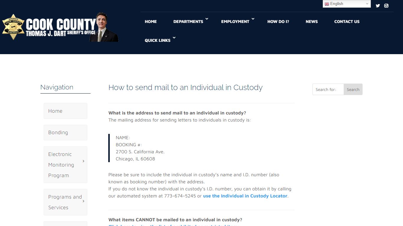 How to send mail to an Individual in Custody - Cook County Sheriff's Office